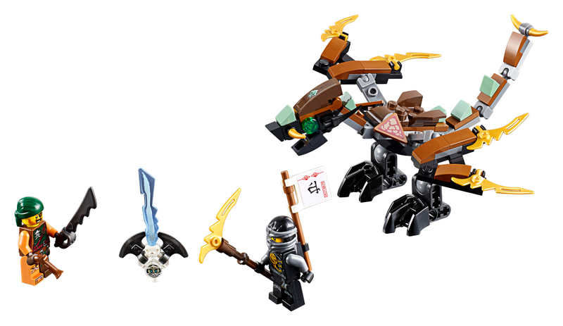 Cole’s Dragon — $9.99 USD — 98 pieces — Pose the neck, wings and legs of the dragon and fly into attack. Defeat the sky pirate and free trapped Zane from the special Djinn Blade!